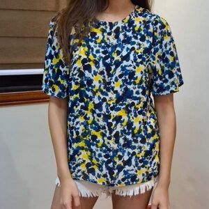 H&M | Blue & Yellow Watercolor Bow Back Flowy Blouse | Size 8